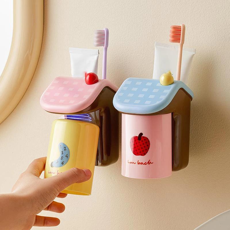 1 Set House Shape No Drill Magnetic Wall Mounted Toothbrush Cup Holder Bathroom Storage