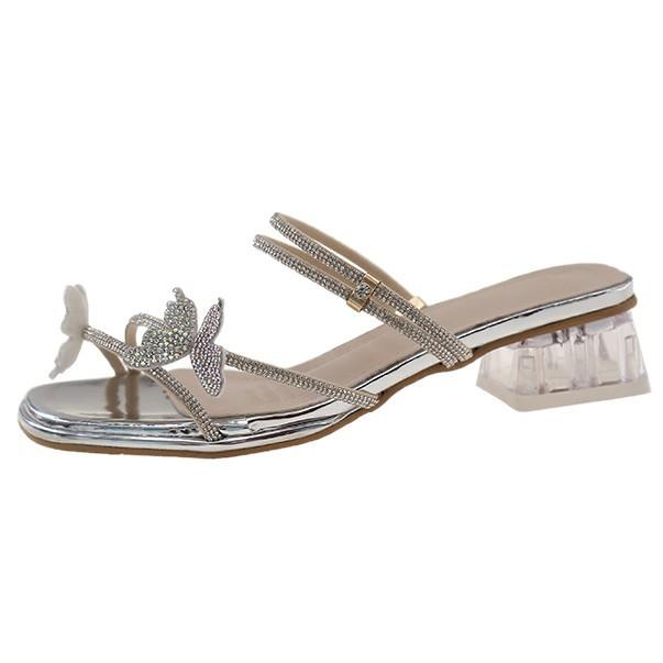 Rhinestone Thick Heel Slippers Women's Summer Wear with Skirt 2025 New Fairy Style Two Wear Bow Middle Heel Sandals