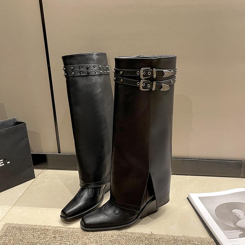 Fashion Designer Rivet Women Trouser Legs Boots Fashion Embroidery Female Thick Heels Knight Long Booties Zapatos De Mujer