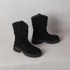 Krazing Pot Cow Suede Nubuck Winter Round Toe Western Boots Med Heels Pleated Decoration Women British School Mid-calf Boots
