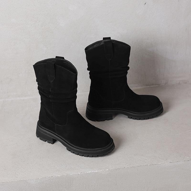 Krazing Pot Cow Suede Nubuck Winter Round Toe Western Boots Med Heels Pleated Decoration Women British School Mid-calf Boots