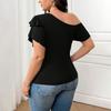 Women Black Asymmetric Off Shoulder Ruffle Short Sleeve Casual Top