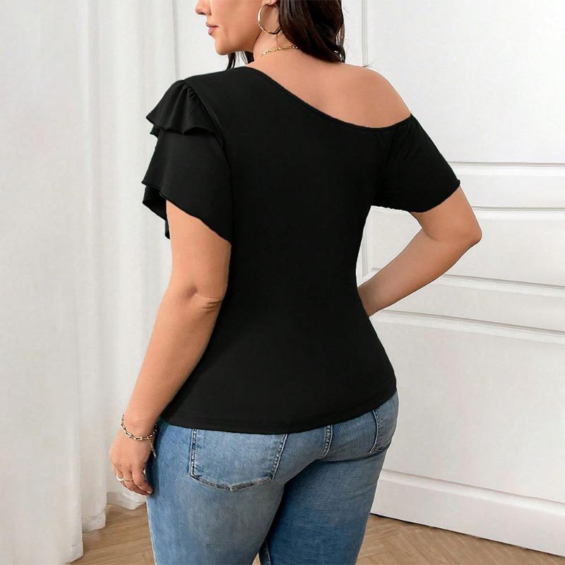 Women Black Asymmetric Off Shoulder Ruffle Short Sleeve Casual Top