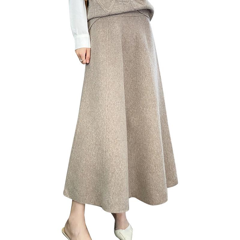 Women's High-Waist Wool Knit Midi Skirt, A-line, Solid Color, Autumn/Winter 2026