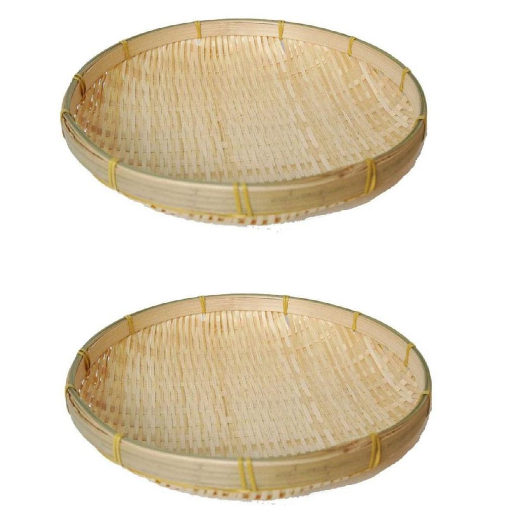 Bamboo Woven Basket Tray Flat Wicker Round Fruit Basket Woven Food Storage Shallow Tray Decorative Serving Tray for Home Kitchen