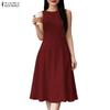 Women Casual Round Neck Solid Color Summer Sleeveless Dress