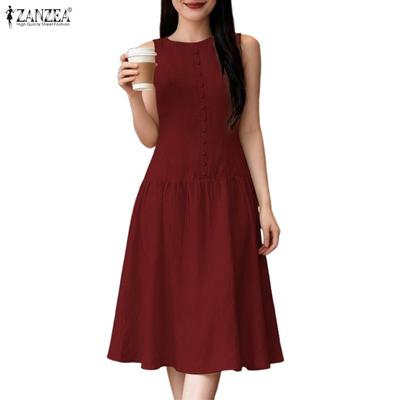 Women Casual Round Neck Solid Color Summer Sleeveless Dress