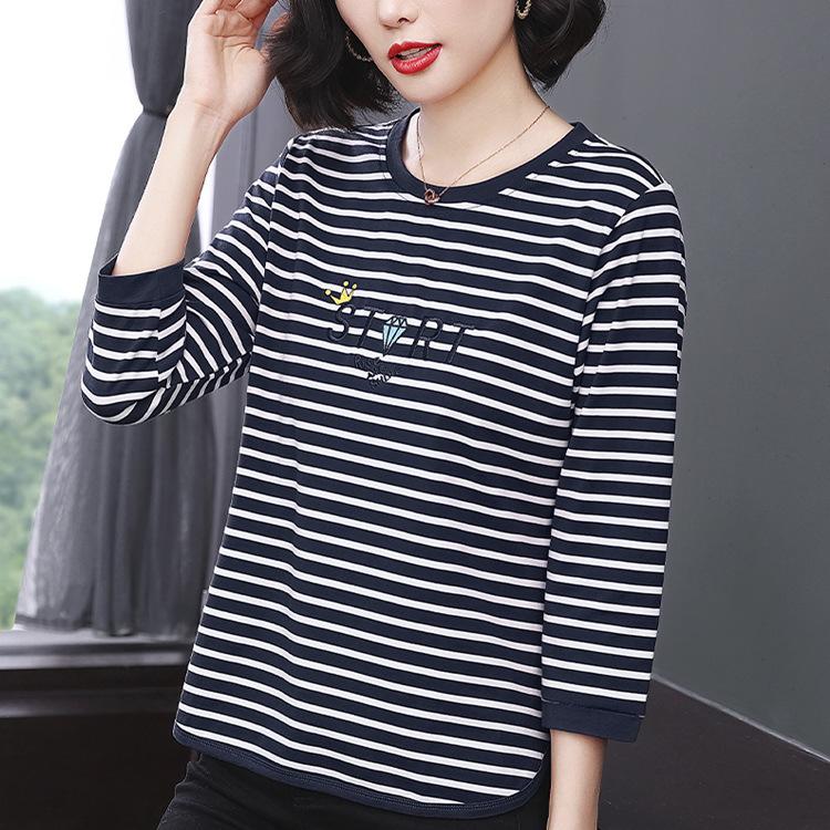 

Футболка для матери среднего возраста, платье, весенняя новая модная рубашка, женская, большого размера, тонкий полосатый топ 4XL синий