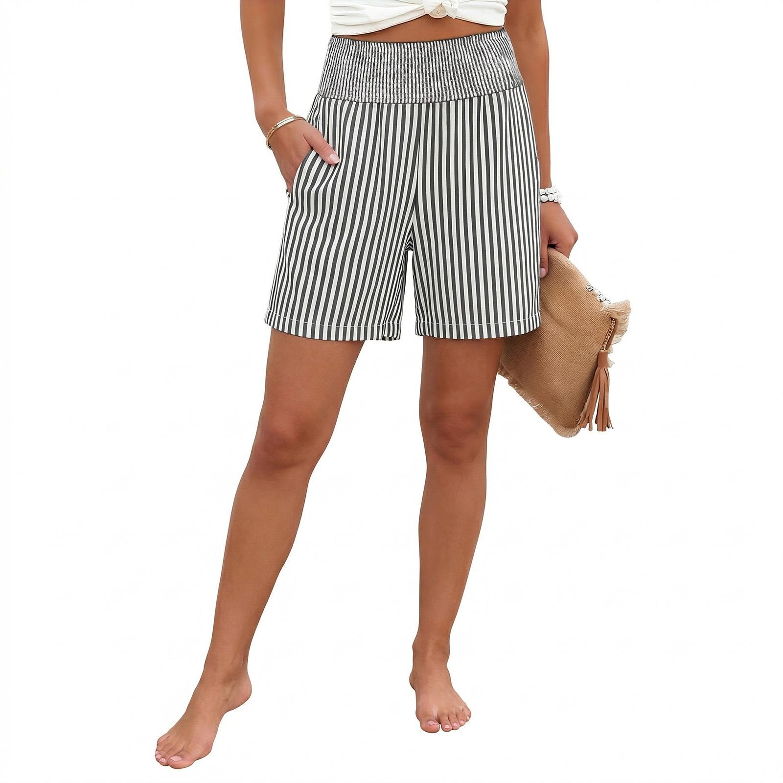 Women s Fashion Loose Pleated Elastic Waistband Pocket Striped Casual Shorts L