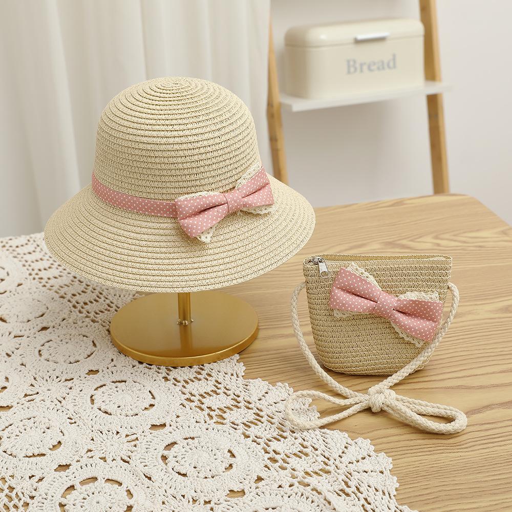 New Fashion Beach Hat Cute Outdoor Parent-child Hats 2-piece Womens Beach Set Sun Hat and Woven Bag Lightweight and Breathable