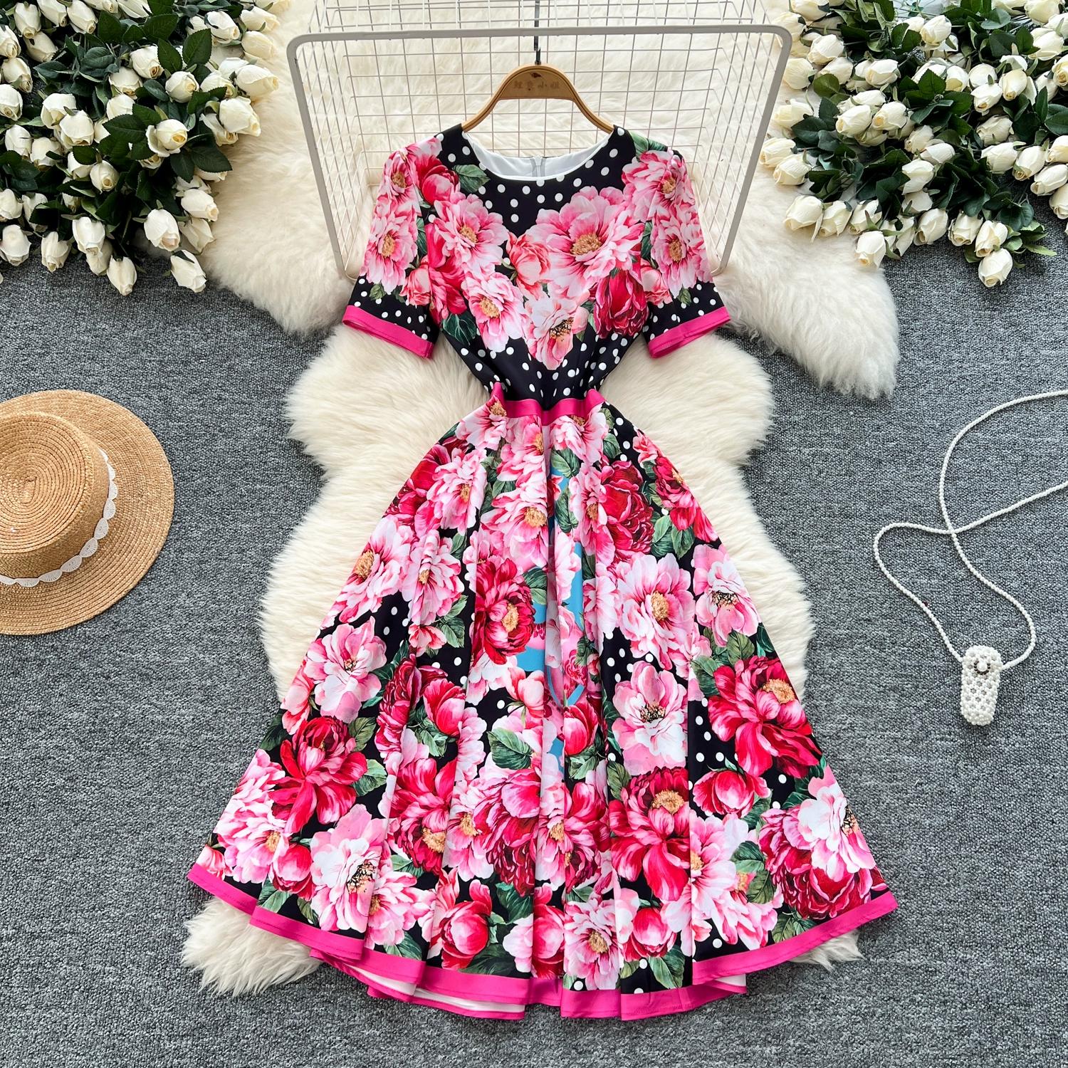 

Летние женские винтажные принты роз дизайнерские подиумные платья в горошек длинные миди вечерние платья S красный