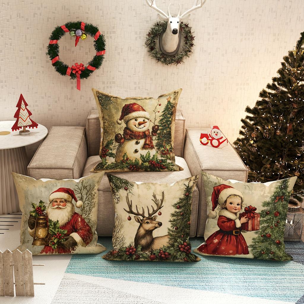 Christmas Decoration Pillowcase Retro Style Fawn Snowman Santa Claus Little Girl Pattern Suitable for Home Sofa Cushion Cover