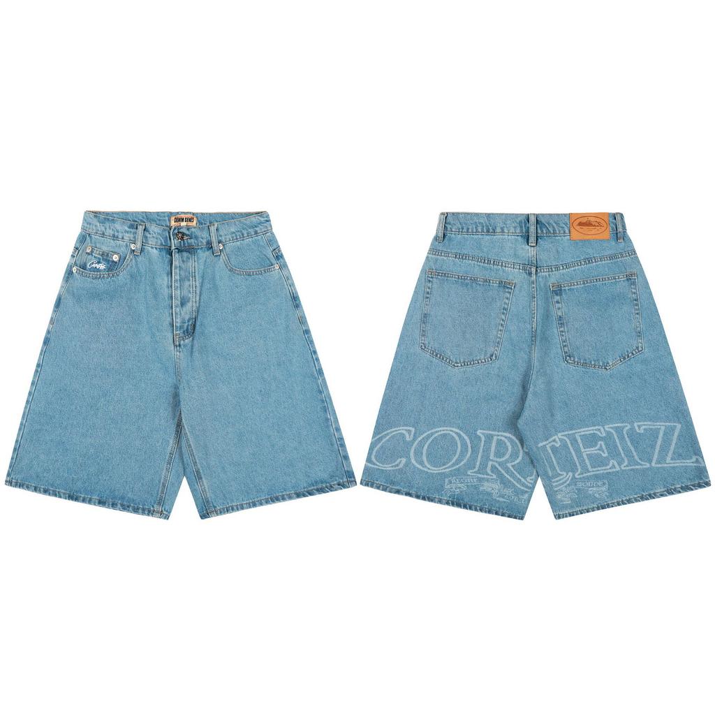 Cross-border European and American Trendy Brand Alcatraz Letter Logo Printing Washed Denim Shorts Men's and Women's High Straight Five-point Pants