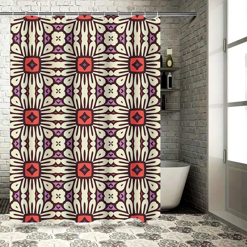 Vintage Geometric Shower Curtain with Purple, Red, Black, White Pattern Polyester Fabric for Bathroom Decorations. This descript