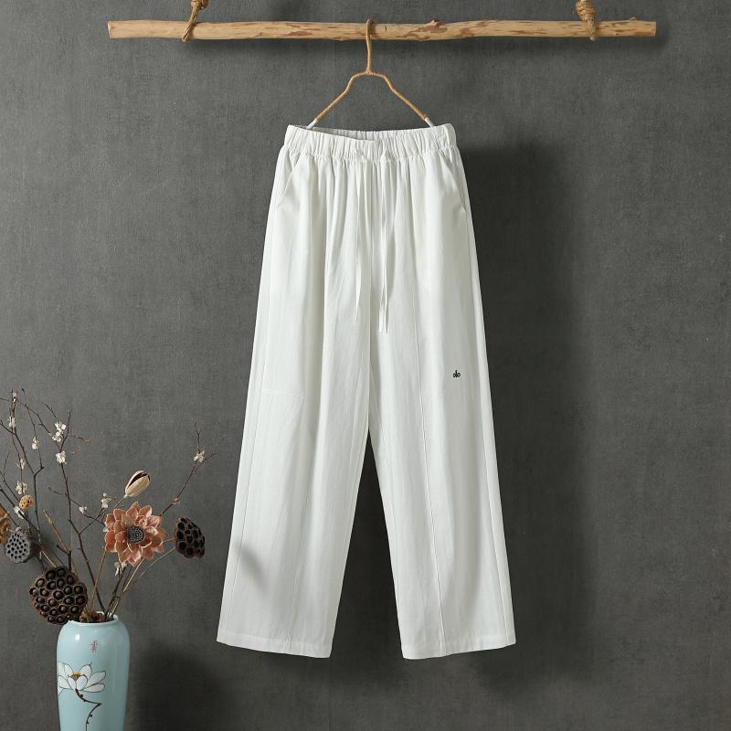 Women Summer Cotton Hemp Cropped Pants Mid-Rise Elastic Waistband Casual Pants Solid Color