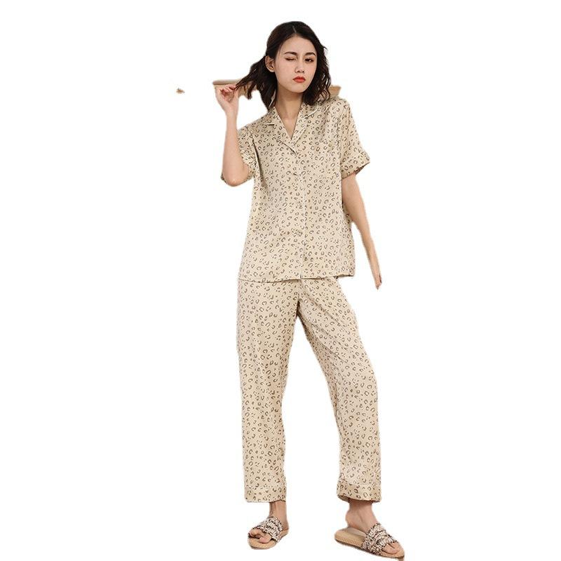 Yaoting leopard print satin chiffon pajamas women's spring and autumn short-sleeved trousers silk printed loungewear outer wear 1991