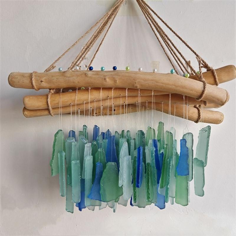 Campanelli a Vento in Vetro di Mare e Legno Galleggiante Campanelli Musicali Campanelli a Vento Artigianali Decorazioni da Appendere sulla Spiaggia Decorazione per Giardino Esterno