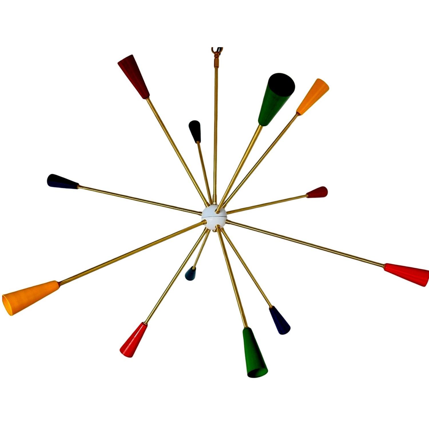 Lampadario Sputnik Multicolore in Ottone Stile Anni '50 12 Bracci Luce Italiana Classica dorato