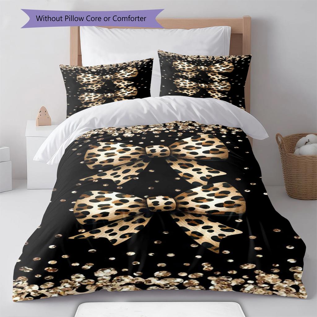 Leopard Bow Pattern Bedding Quilt Set Quilt Cover Pillowcase Home Decoration Gift (1 * duvet cover + 2 * pillowcase, without core)