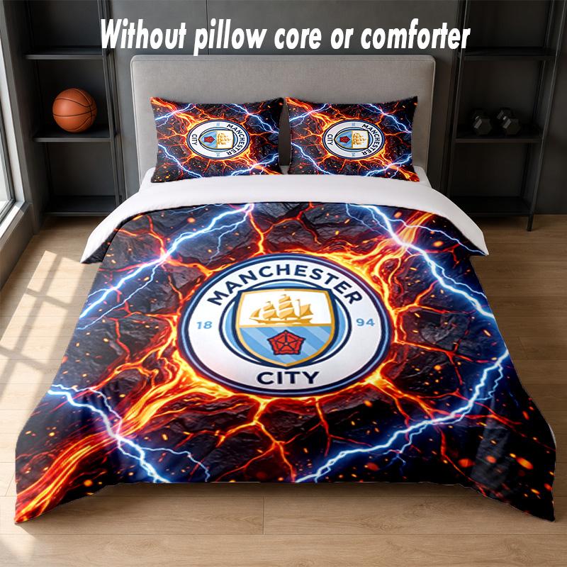 Manchester City Design Bett Bettwäsche Set 1 Bettbezug + 2 Kissenbezüge Weich Atmungsaktiv Haushalt Bettwäsche