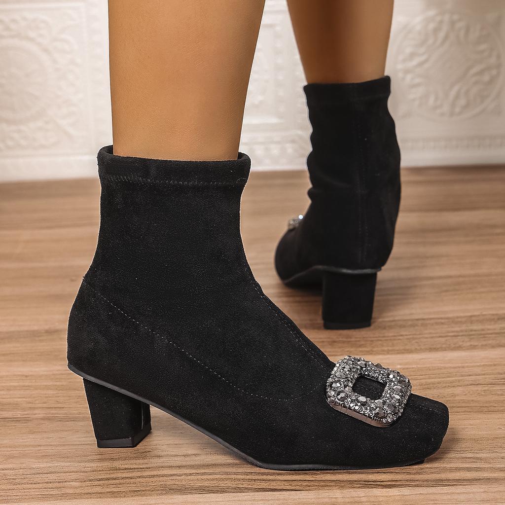 French Thick Heel High Heel Short Boots Women's Autumn and Winter Rhinestone Square Buckle Elastic Thin Boots Light Luxury Temperament Pointed and
