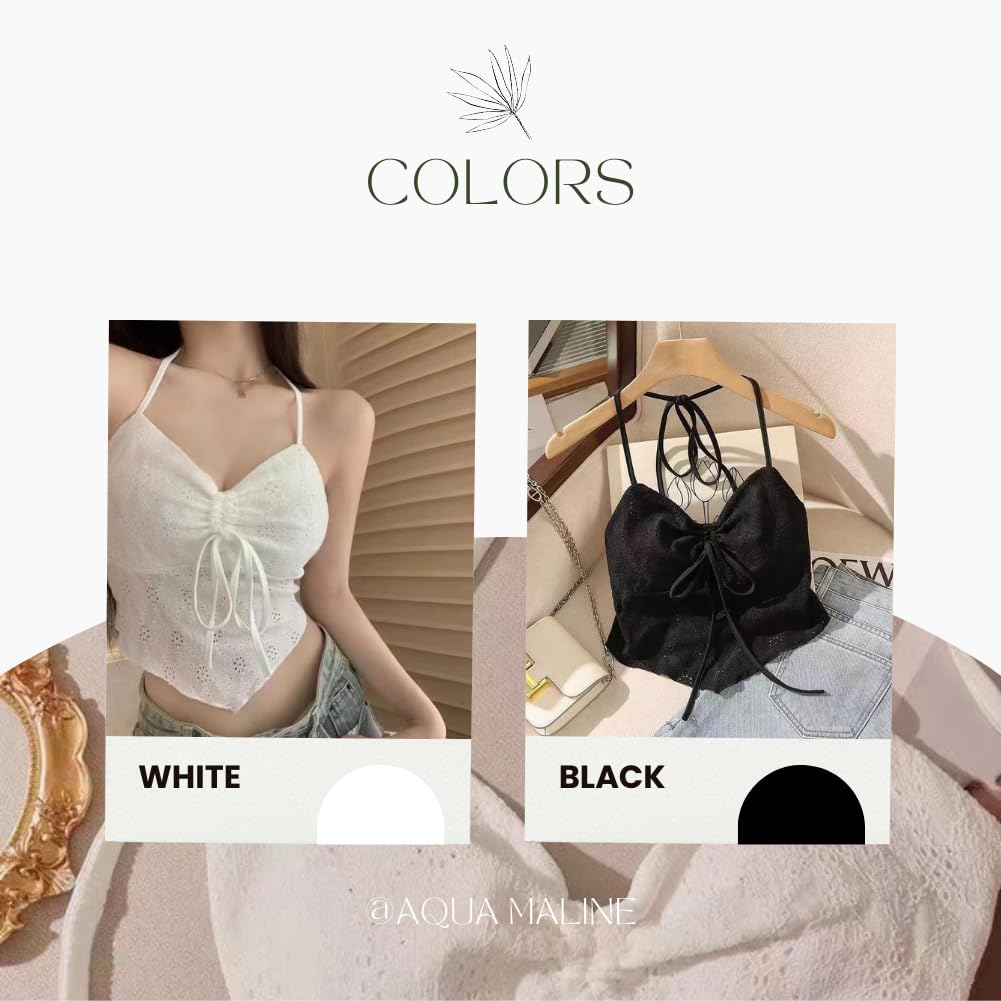 AQUA Marine Cropped Camisole with Lace Halter Gathered and Ribbon Feminine and Cute for a Casual or Sexy Summer Resort Look One Women's Neck, Chest,