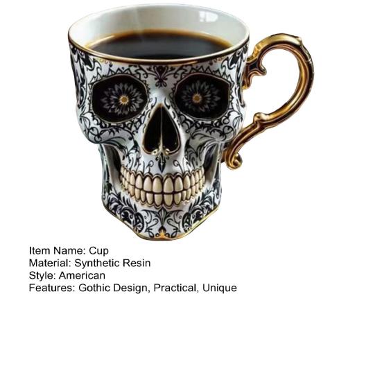 Gothic Skull Coffee Mug Royal Skeleton Cup with Gold Trim Resin Goth Tea Cup Unique Halloween Gift for Skull Lovers
