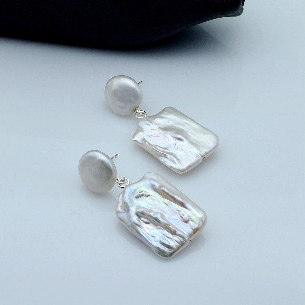 Women's Earrings White Large Square Pearl Design Earrings Baroque Pendant Double Beads Vintage Pearl Earrings