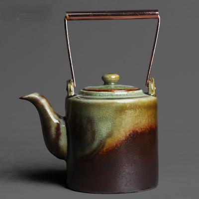 Tetera de Viga con Asa de Cobre de Estilo Japonés Cambiada por Horno, Cerámica Cruda Retro, Juego de Té Kung Fu, Tetera Individual
