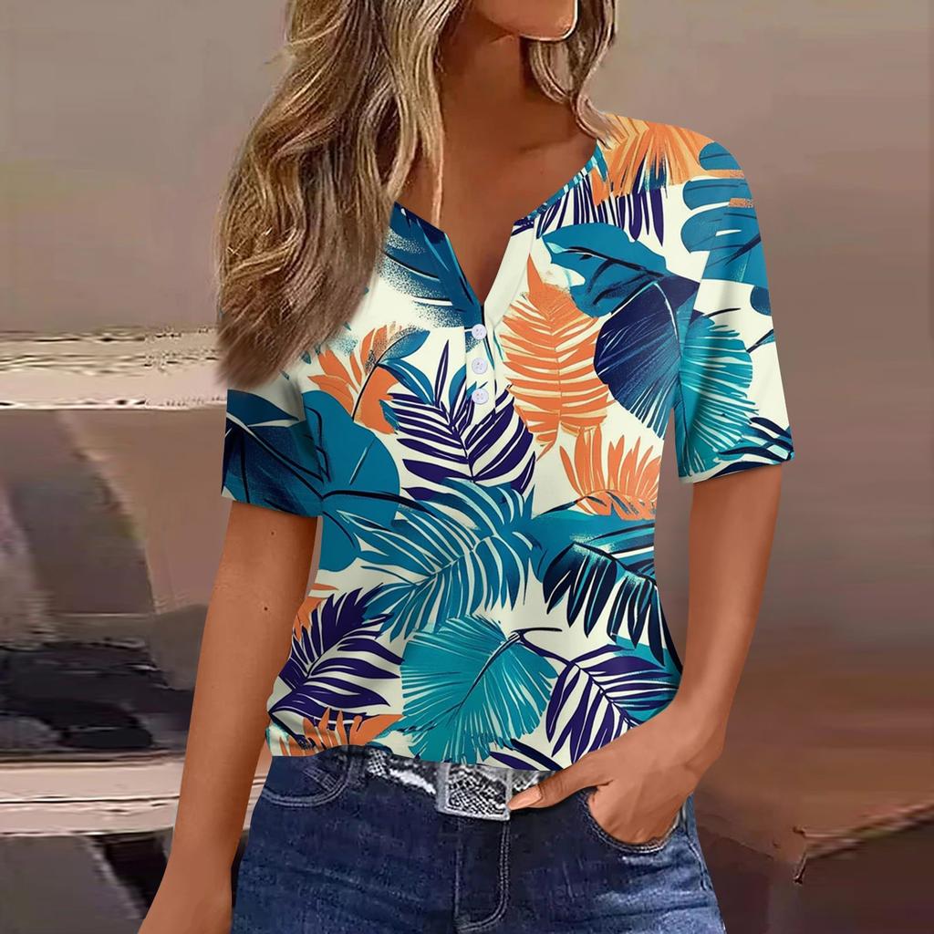 Damen T-Shirt mit Aufdruck und Knopfleiste, kurzärmelig, für den Alltag, Wochenendmode, Basic, V-Ausschnitt, normales Oberteil