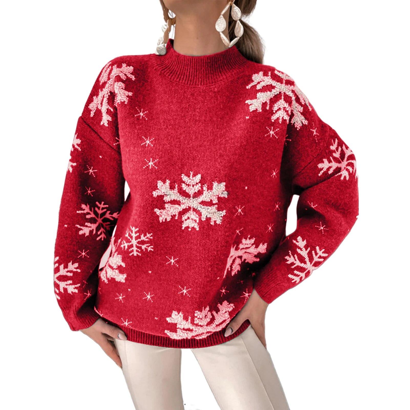 

Вязаный топ, свитер, женский трикотаж, осень-зима, с круглым вырезом, с высоким воротником, повседневный пуловер с принтом снежинок, свитер M красный