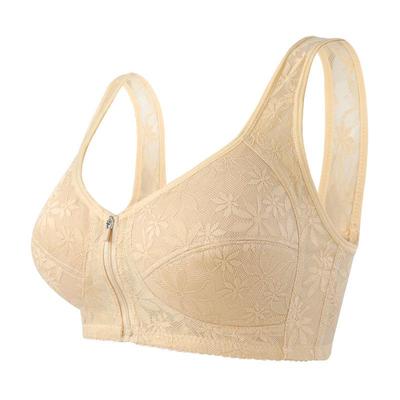 Soft Cotton Thin Cup Front Zipper Middle-aged and Elderly Underwear Ladies Jacquard Non-steel Ring Undershirt Type Large Size Bra