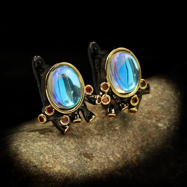 Ensemble de bijoux européens et américains abstraits en pierre de lune: Bague, Collier et Boucles d'oreilles Or Noir