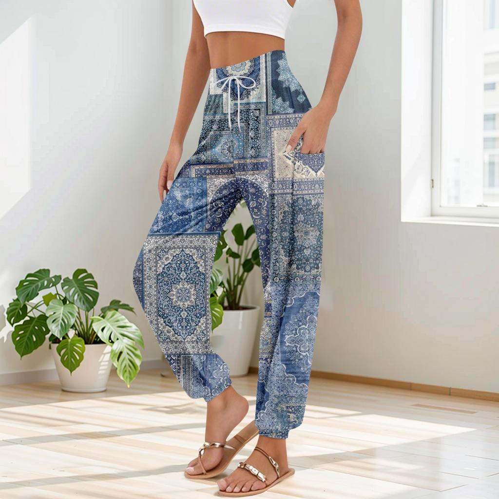 Women's Pocket Drawstring Trousers High Waist Yoga Bohemian Printed Casual Pants