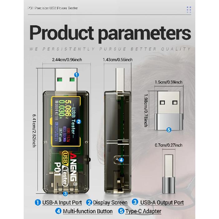 Digital Voltmeter Ammeter ANENG P01 USB Tester Meter 4V-30V Capacity Energy Temperature Fast Power Detector