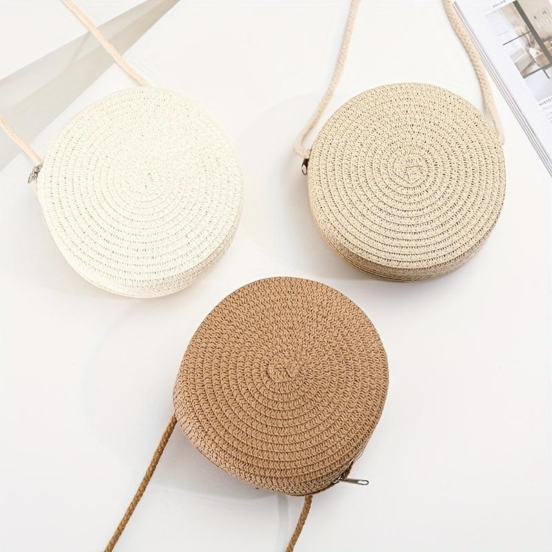 1pc Handmade Bohemian Style Round Woven Tote Bag - Zipper Closure, Durable Shoulder Strap, Perfect for Beach Vacations, Beach Tote Bag
