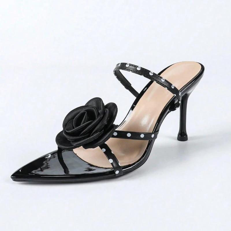 Polka Dot Sexy Black Heeled Slippers Women Pointed Toe Floral Design Summer Slide Sandals Elegant Party Brand Dress Heels Pumps