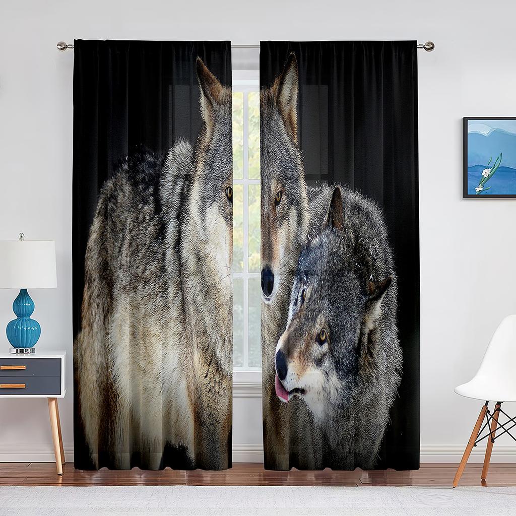 Wolf Sheer Voile Curtain Ice Fire Wolves Look At Each Other Window Tulle Curtains for Living Room Bedroom Kitchen Decor Drapes