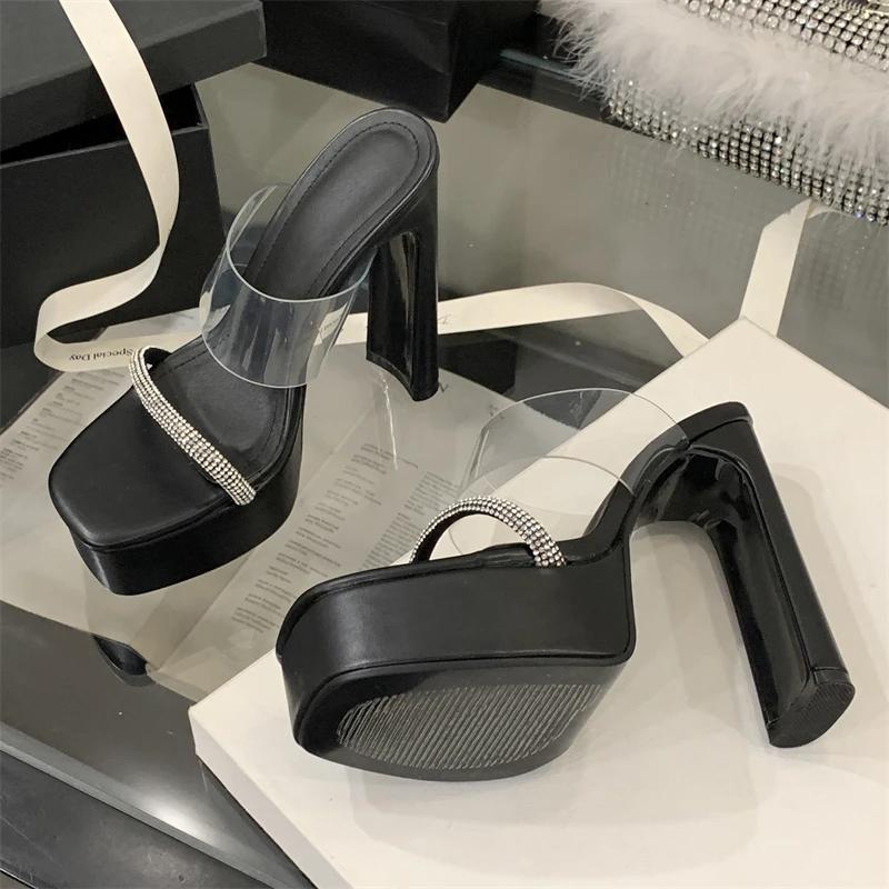 Eilyken Summer Design Style PVC Transparent Crystal Open Toe Slippers Women Chunky Platform Square Heels Shoes