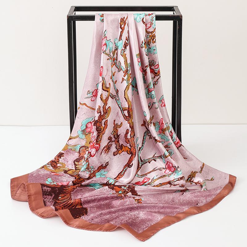 Satin Square Scarf Women Hijab Elegant Print Silk Scarf Neckerchief Shawl Wraps Headband Hair Accessories Bandana 90*90cm