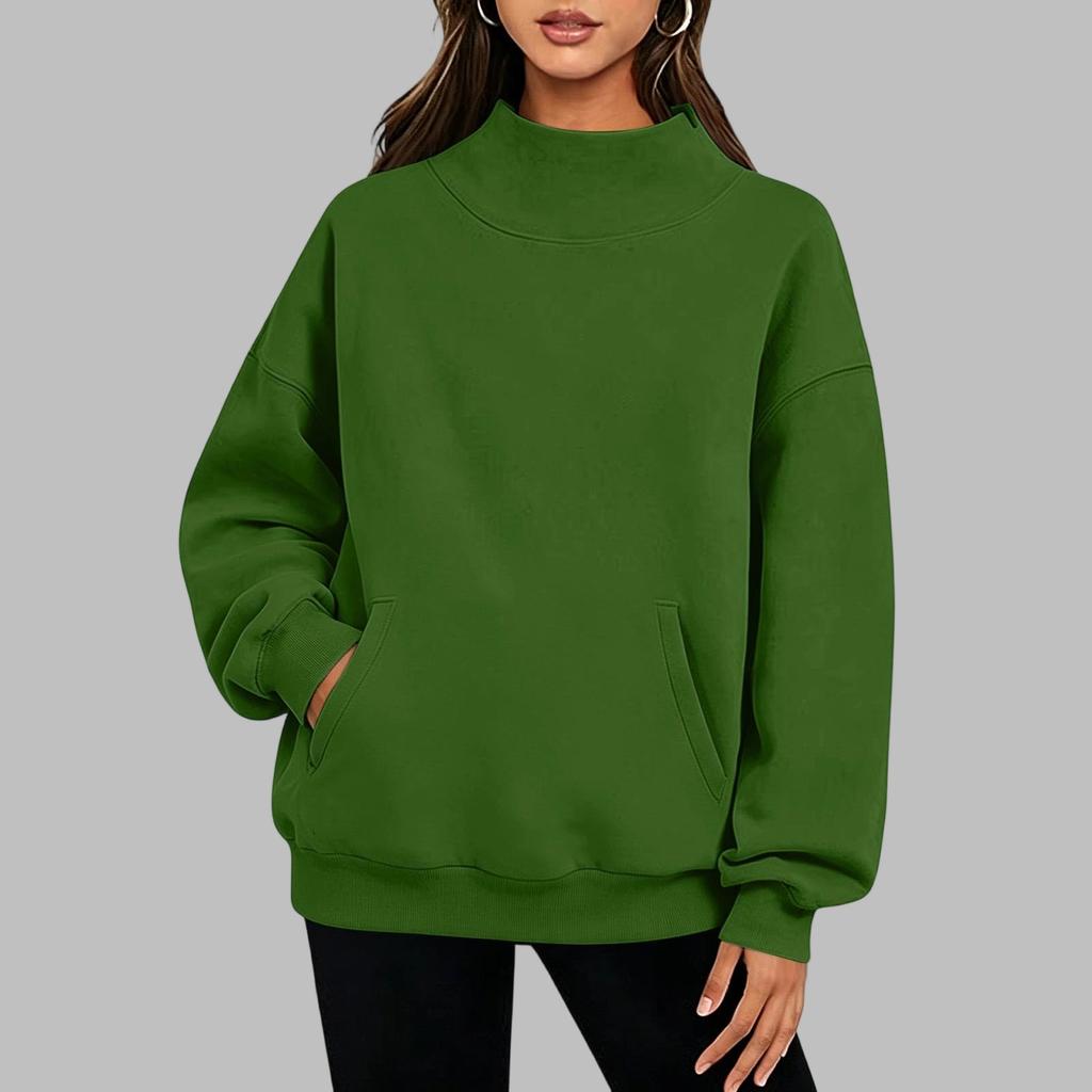 Women's Casual -Lined Sweatshirt with Pockets - Color High Neck Pullover for Everyday Wear