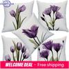 Elegante Tulpe Lila Blume Leinen Dekokissenbezug Sofa Couch Kunstmalerei für Wohnzimmer Kissenbezug Moderne Wohnkultur