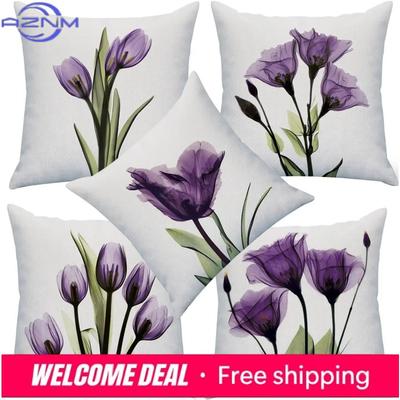 Elegantní povlak na lněný dekorační polštář s květinou v tulipánově fialové barvě, umělecká malba na pohovku do obývacího pokoje, moderní domácí dekorace