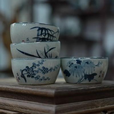Handbemaltes Blau-Weißes Grobkeramik-Teetassenset - Keramik-Gongfu-Teetasse, Kleine Tasse für Pu'er-Teezeremonie