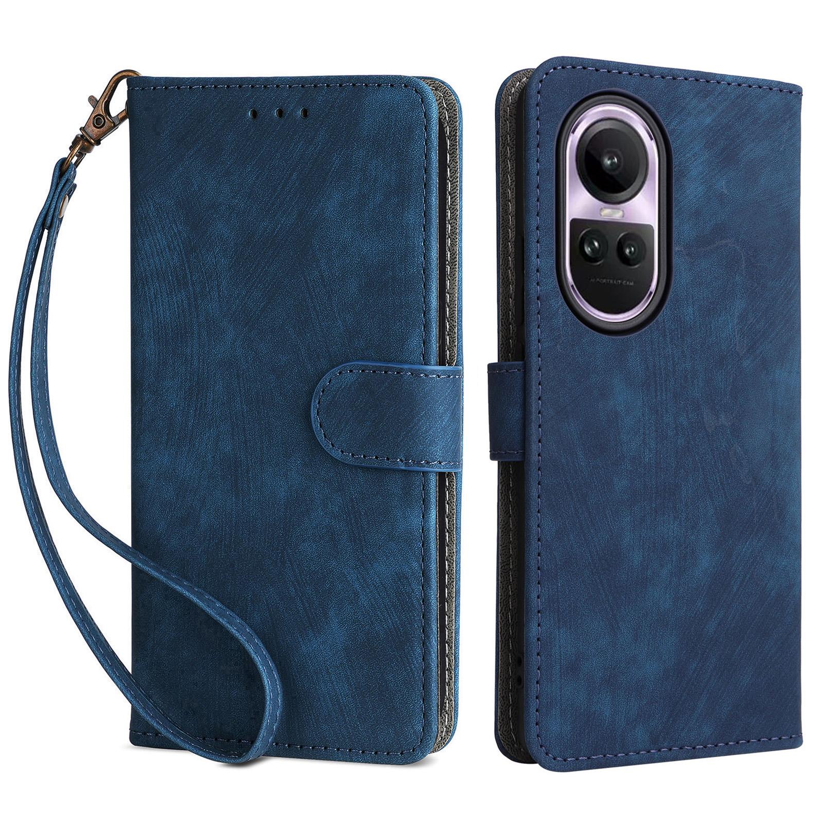 

For Oppo Reno10 5G CPH2531 (Global)/Reno10 Pro 5G CPH2525 (Global) Shockproof Cover RFID Blocking Leather Wallet Phone Case with Strap Blue