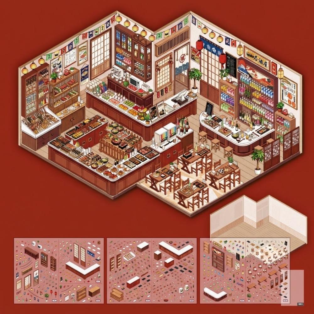 Convenience Store Series Miniature Landscape Sticker DIY PET 3D Landscape Sticker Cartoon Large Size Cabin Scene Sticker