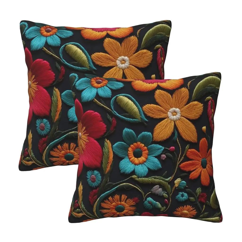 Mexican Vintage Flroal Rebozos Mexicanos 2 Pcs Square Pillowcase Pillow Cover Cushion Throw Pillow For Home Living Room