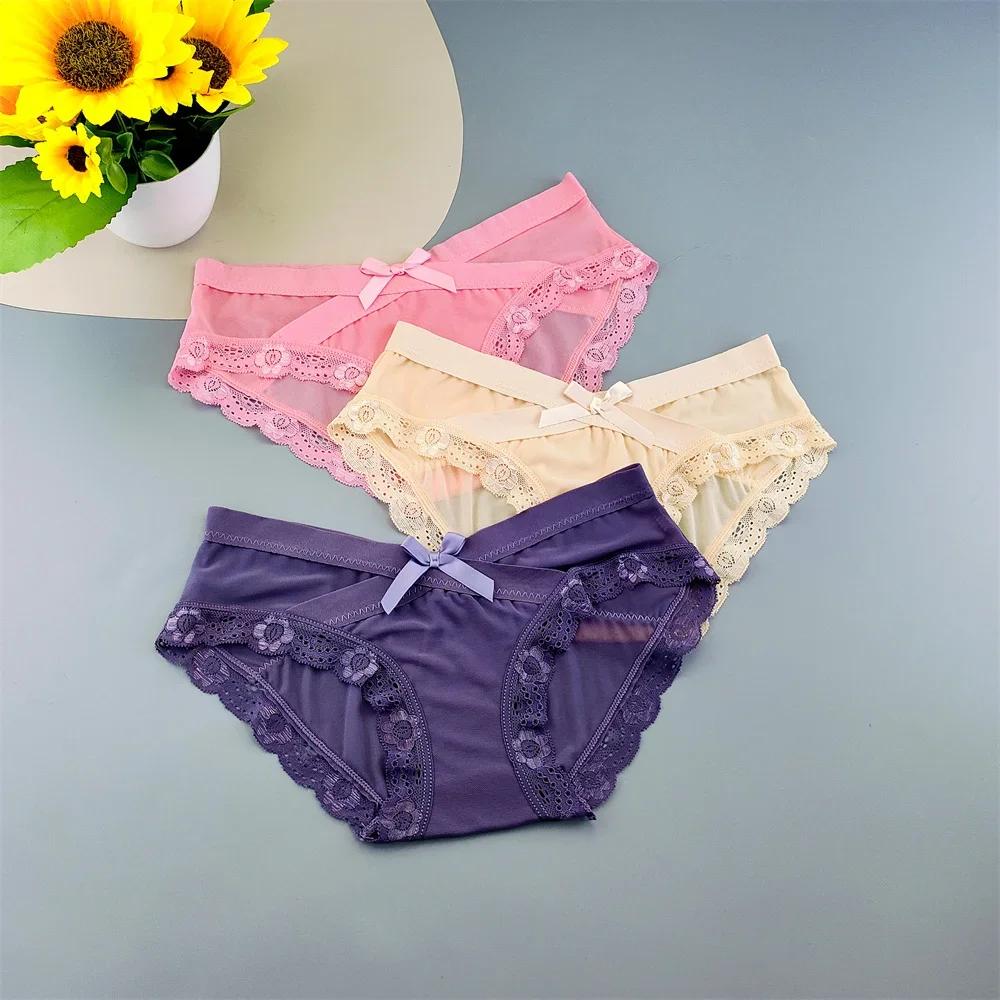 3PC Low Rise Lace Ruffles Women's Mesh Underwear Sweet Ladies Perspective Sexy Briefs Comfortable Panties