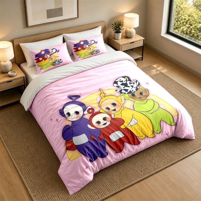 3Pcs Bedding SetTeletubbies Soft Bed Sheet and Two Pillowcases Home Bedroom Decor