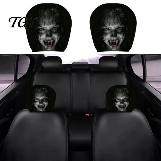 Breathable Car Interior Accessories 2Pcs Halloween Headrest Covers, Creepy Ghost Face Seat Universal Fit Protector, Auto Decor for SUV Truck